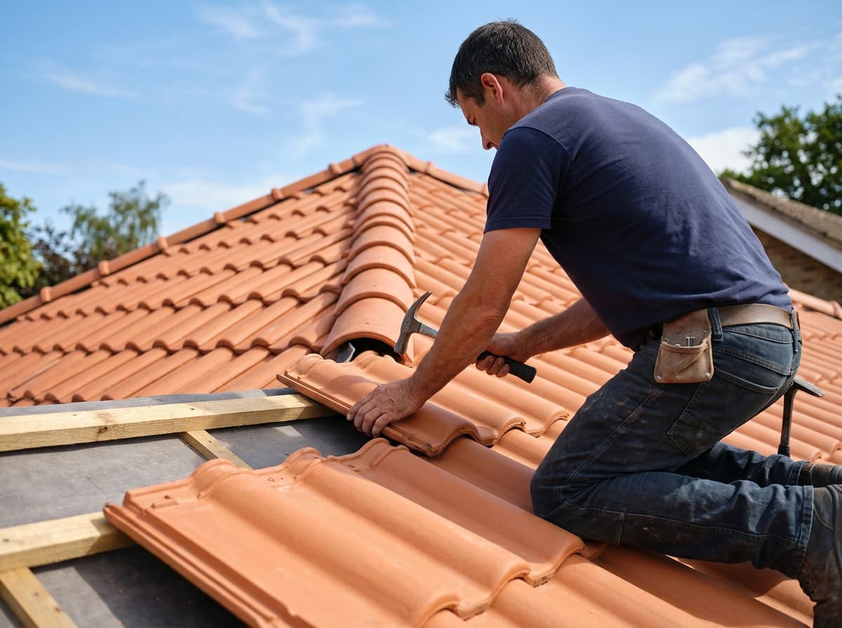 A new clay-tile pitched roof in close three-quarter view, crisp courses under a blue sky in Slinfold, West Sussex