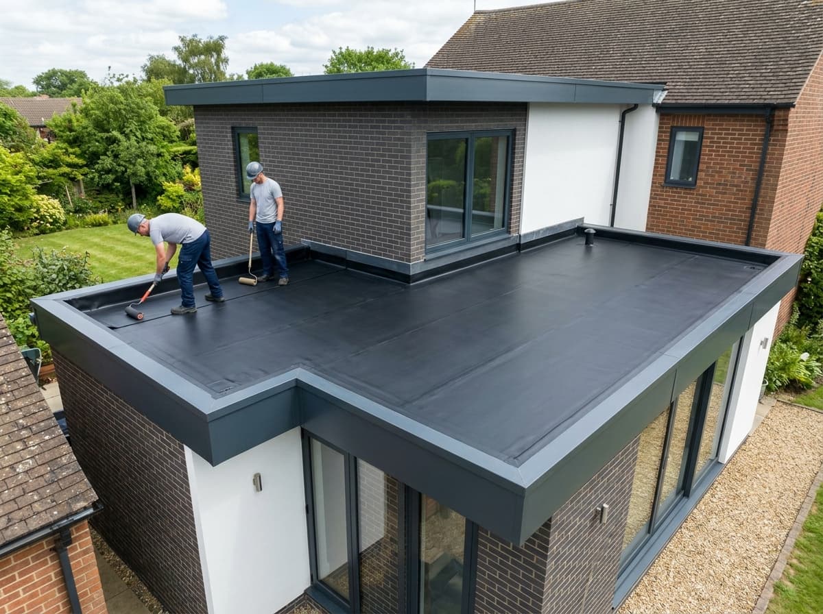 A clean EPDM flat roof on a modern rear extension with neat upstands and trims — roofing work in Slinfold