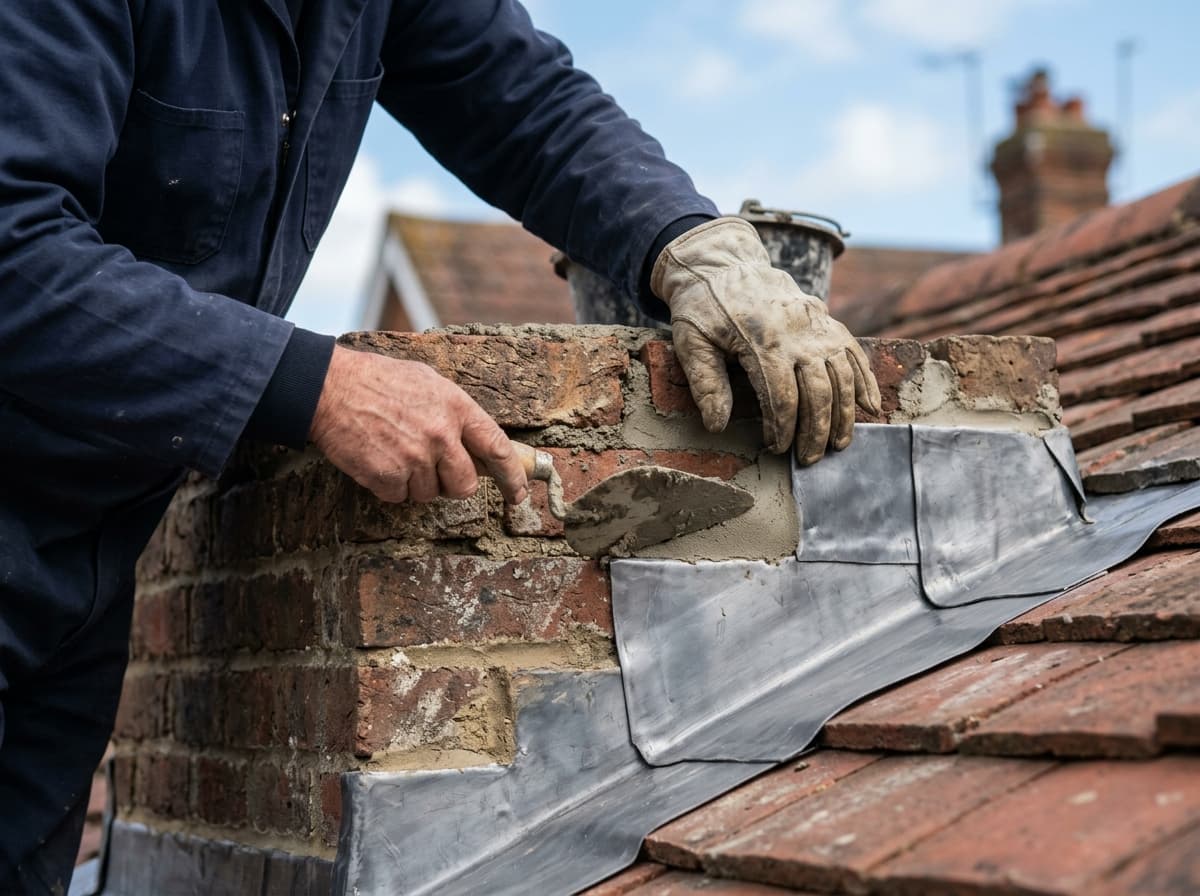Close detail of chimney repointing and re-flashing, hands and tools working fresh mortar — roofing work in Warnham