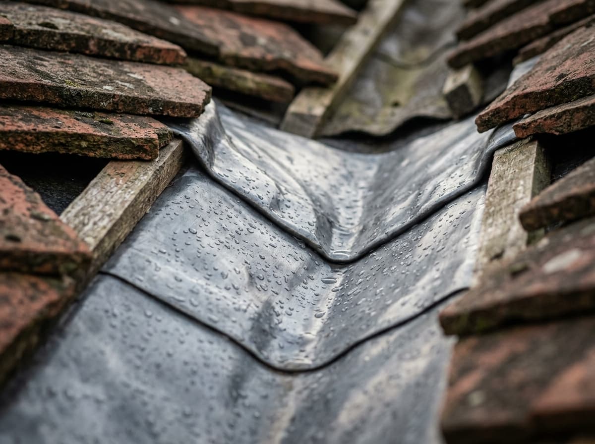 Macro of lead flashing dressed into a roof valley in low raking light, water beading on the surface — roofing work in Slinfold