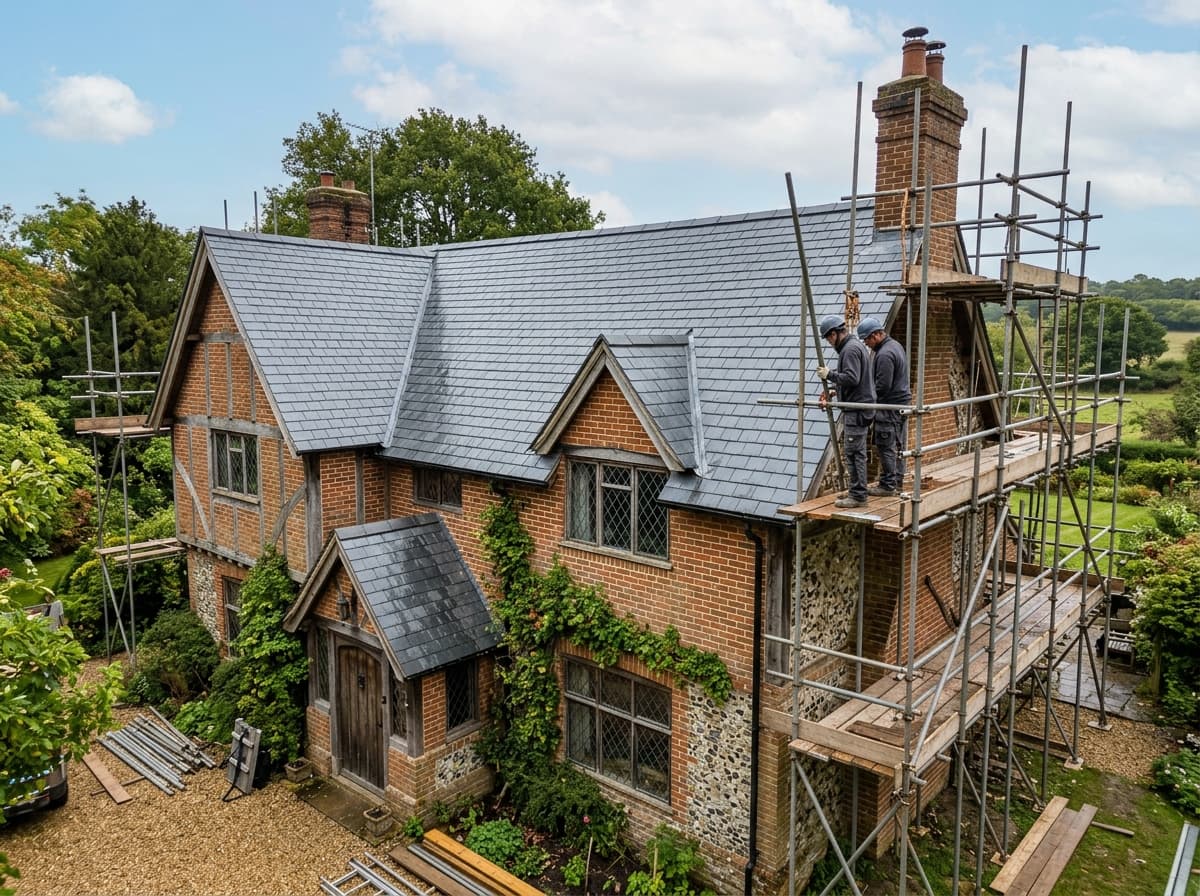 A grey natural-slate roof on a period property with the scaffold up in Crawley, West Sussex