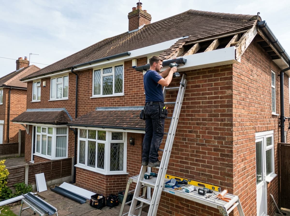 Guttering, fascia and soffit replacement in progress along the eaves of a 1930s-style semi — roofing work in Crawley