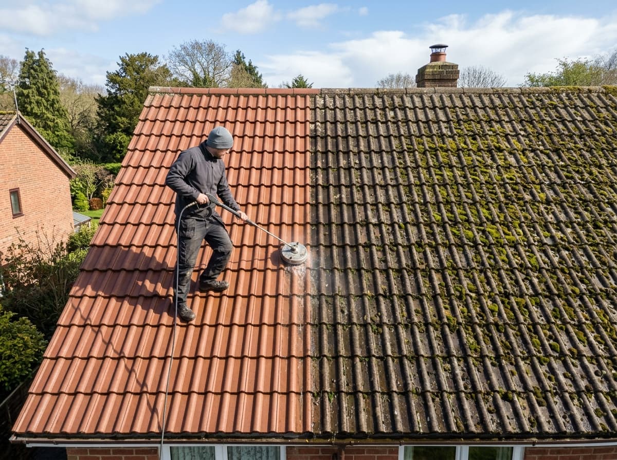 Roof cleaning and moss removal showing the contrast between mossy and cleaned tile — Roof Cleaning in West Sussex