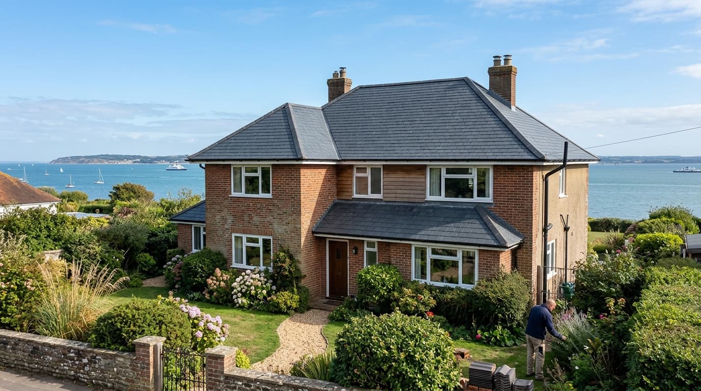 Wide exterior of a completed re-roof on a coastal-style house under a storm-clean sky in Warnham, West Sussex