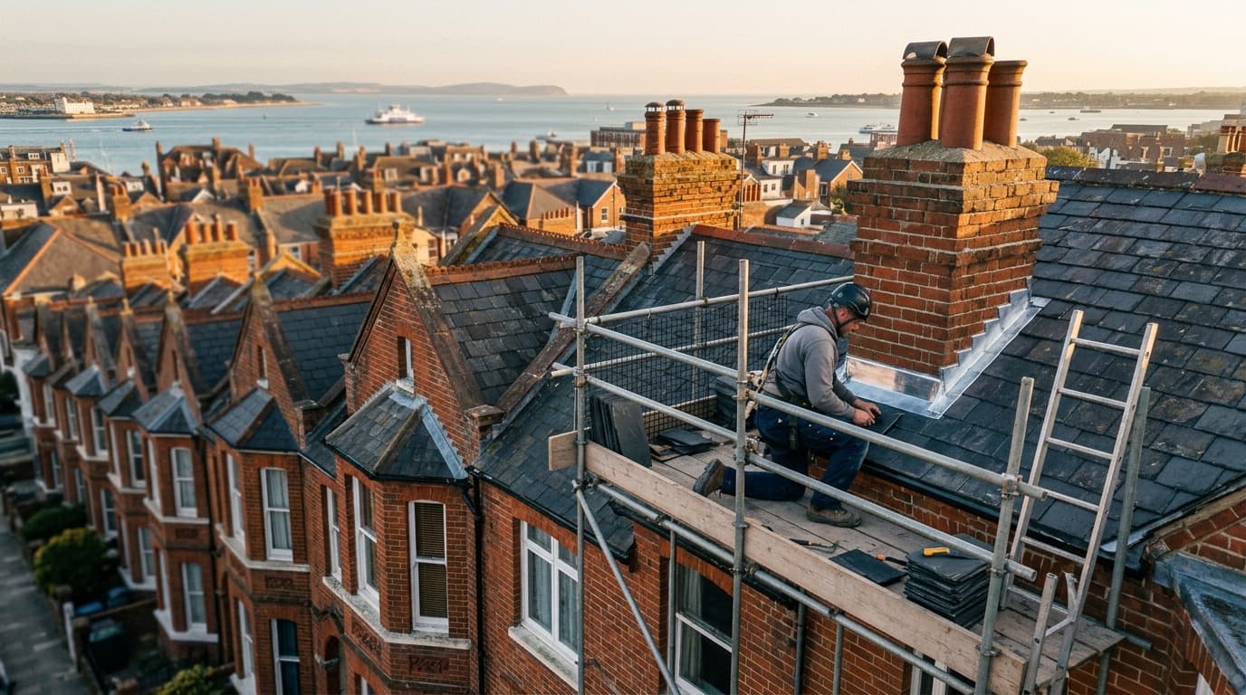 A roofer on a pitched natural-slate roof at golden hour, scaffold up and fresh lead flashing at the chimney